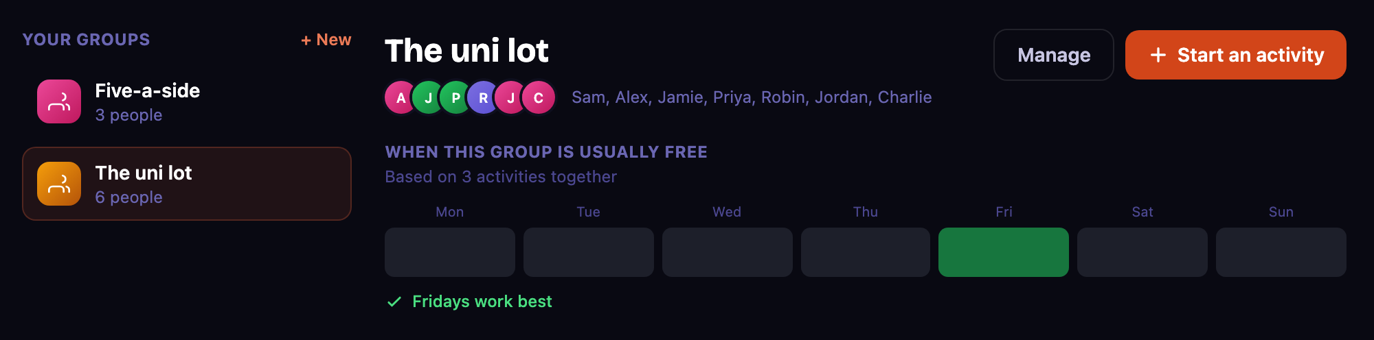 A saved group in Were in Sync showing when its members are usually free