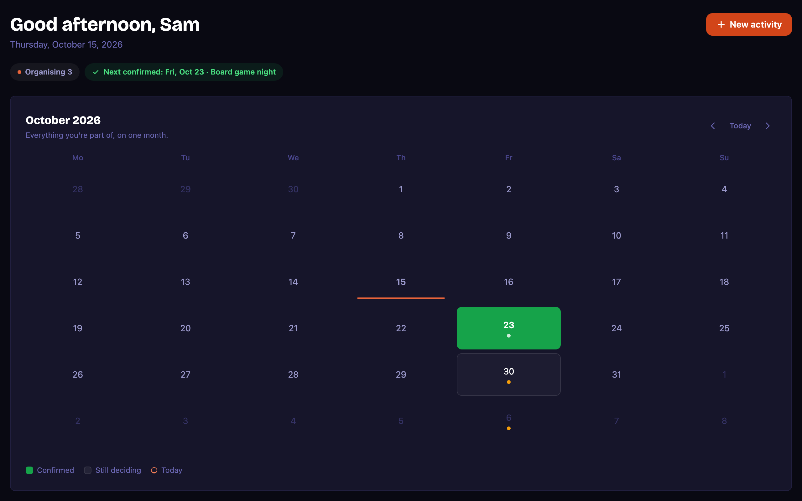 The Were in Sync dashboard calendar with a confirmed board game night and plans still being decided